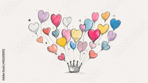 Floating balloons above a heart and crown doodle, isolated on white background