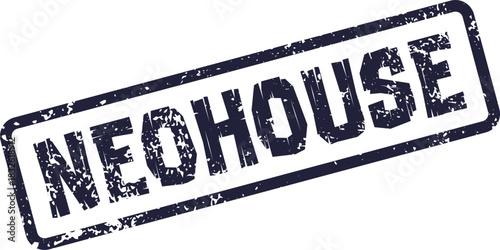 Distressed rectangular rubber stamp showcasing the word NEOHOUSE for housing concepts