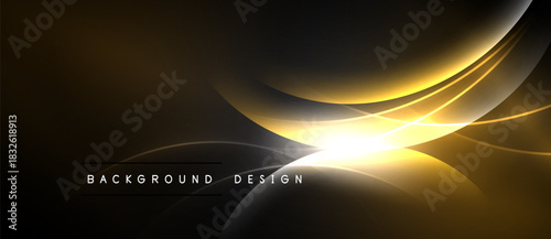 Dark background features golden curved lines radiating from bright light source. Modern design element for digital projects.