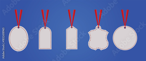 Realistic blank hanging tags collection with stitched borders and red ribbons for product labels and holiday packaging