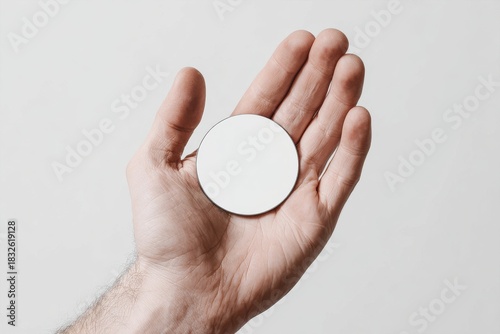 A human hand is shown in close-up holding a round metal object in front of a light-colored background