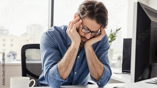 Stressed Businessman Holding Head in Hands at Office Desk