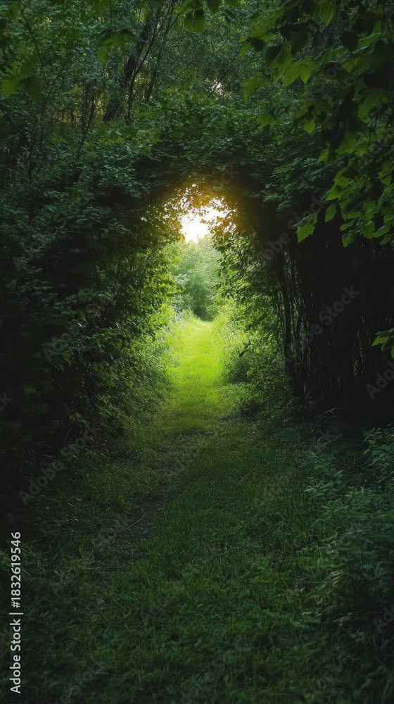 Obraz premium Enchanting path through dense forest tunnel. Sunlight illuminates the vibrant green grass ahead.