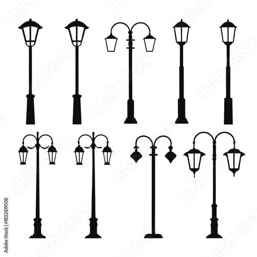 Set of vintage silhouettes of lamps tools and streetlights