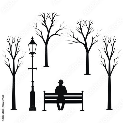 Silhouetted person sitting on a park bench surrounded by trees and nature.