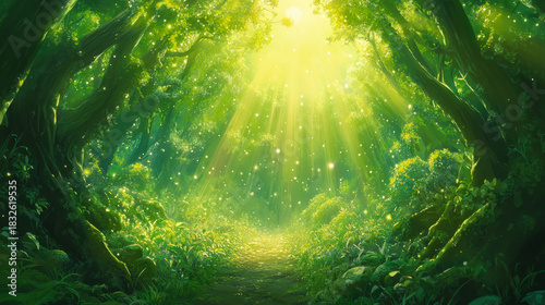 Sunbeams illuminate a magical forest path through vibrant green trees. Fireflies dance in the ethereal woodland setting, creating a dreamlike glow.