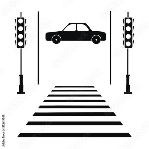 Black and white vector of a car at a pedestrian crosswalk with traffic lights