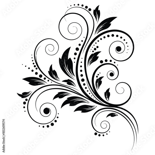 Elegant Floral Design Element with Swirls, Leaves, and Dots for Decoration