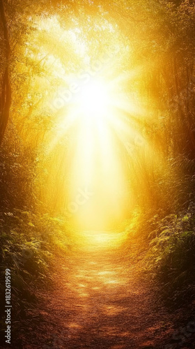 Path in mysterious forest with bright light ahead. Hopeful journey to a brighter future.