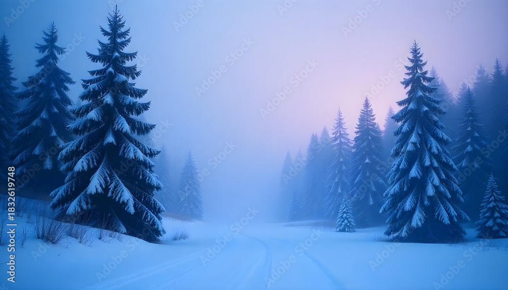 Naklejka premium Cinematic snowy forest background, tall pine trees, gentle falling snow, foggy winter atmosphere