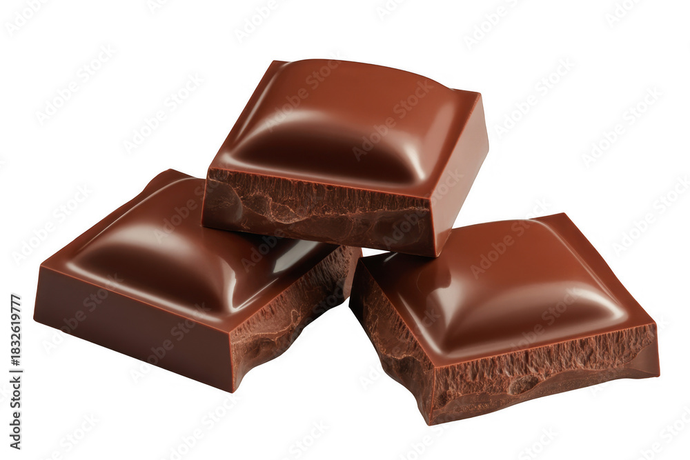Obraz premium Three dark chocolate squares stacked on a black background showing textured interiors isolated on a transparent background