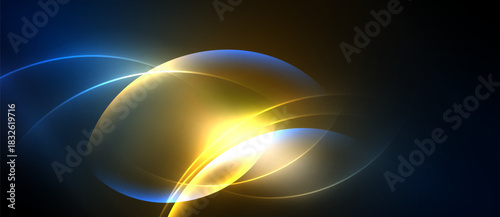 Abstract glowing shapes overlap, creating vibrant blue, yellow light effects against dark background. Smooth gradients define forms.