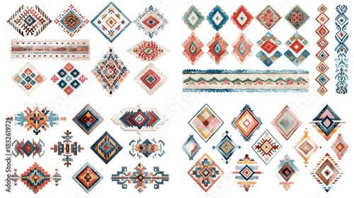 Geometric tribal inspired motifs with colorful shapes, symmetrical patterns, and bold decorative designs ideal for textiles, crafts, and artistic ornament projects.