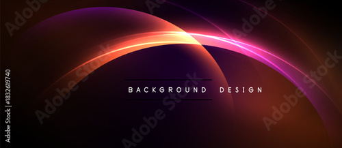 Abstract glowing curves create dynamic composition. Dark background emphasizes vibrant colors, modern design element.