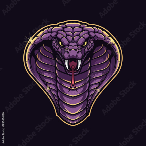 Dramatic purple and gold cobra head illustration with menacing expression and