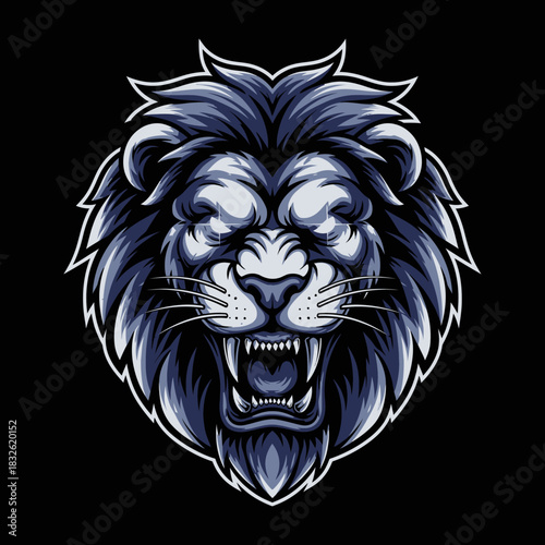 Striking digital illustration of a fierce roaring lion's head with intricate
