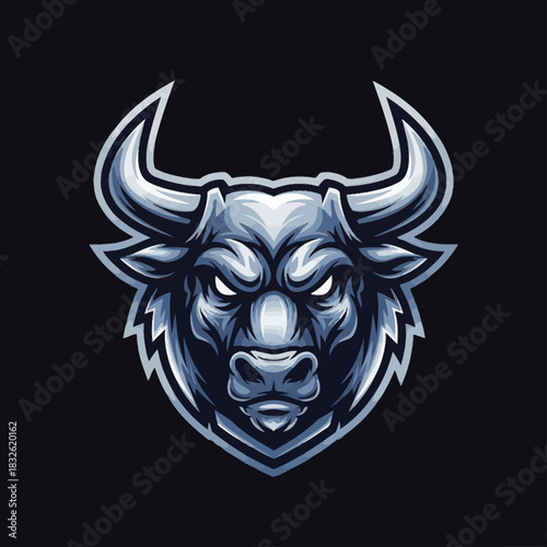 Intimidating and fierce stylized bull head emblem with bold linework and