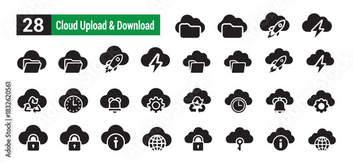 Cloud upload download icon set. cloud folder, boost, power, recycle, time, alarm, config, lock, info, global symbols