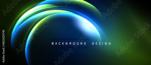 Abstract neon lines create dynamic curves. Blue, green hues blend into dark background. Modern design element for digital projects.