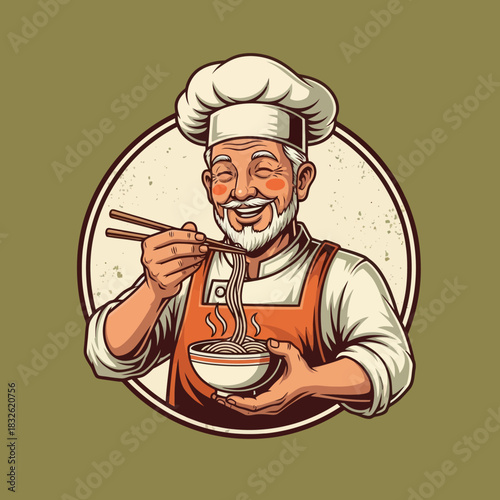 Delightful cheerful chef enjoying steaming bowl of Asian cuisine with