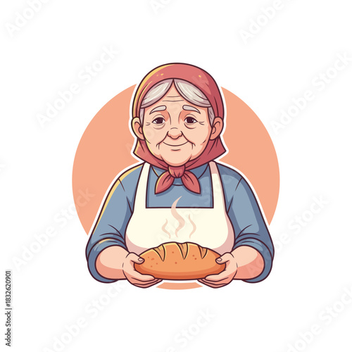 Warmhearted elderly woman holding freshly baked bread with a gentle smile in a