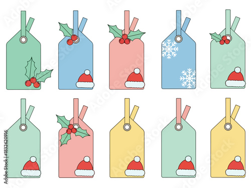 Colorful gift tags with festive decorations, including holly, snowflakes, and Santa hats.