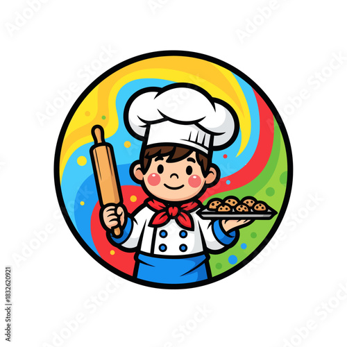 Playful cartoon chef holding rolling pin and plate of cookies with vibrant