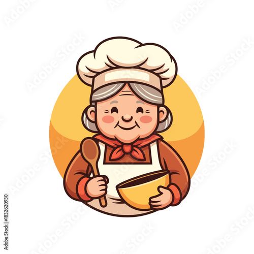 Charming cartoon elderly woman chef holding a bowl with warm culinary theme