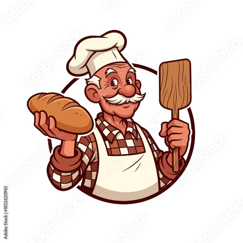 Cheerful baker character holding freshly baked bread and a spatula in a