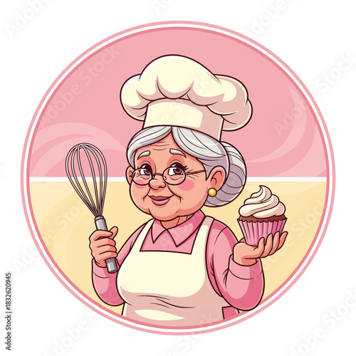 Charming elderly female chef with glasses holding a whisk and a cupcake in a