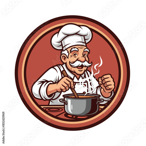 Charming cartoon chef with a white hat stirring a steaming pot in a warm