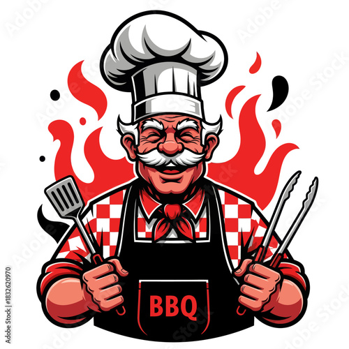 Charming jovial chef with a big smile wearing a traditional barbecue apron and