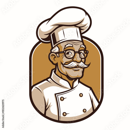 Vintage chef illustration featuring a cheerful male cook with glasses and a