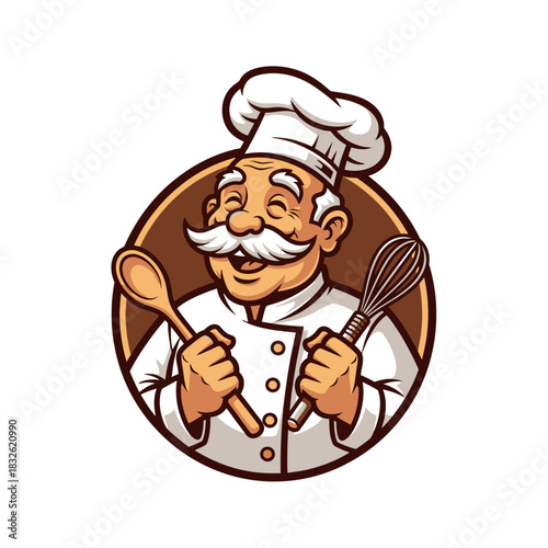 Cheerful baker with a mustache wearing a chef's hat and apron holding baking