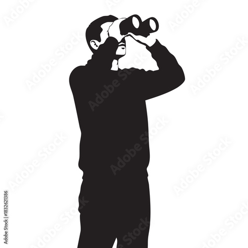 Man Looking Through Binoculars Silhouette Exploring Distant Horizons Searching Observing Discovering Black White Vector Graphic Expedition Journey