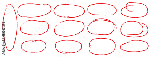 Red pen drawn marks, red circle set, highlight circle. Charcoal pen round ovals. Set of doodle ellipses. Scribble ovals, marker round elements. hand drawn crayon ovals and circle. 