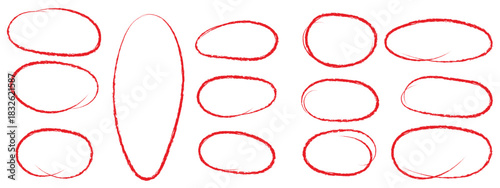 Hand drawn red pen highlight round oval frame set. Handwritten red marker, pencil scribble stroke line oval frame. Brush round frame highlight. Grunge scratch style set. doodle ellipses. Scribble oval