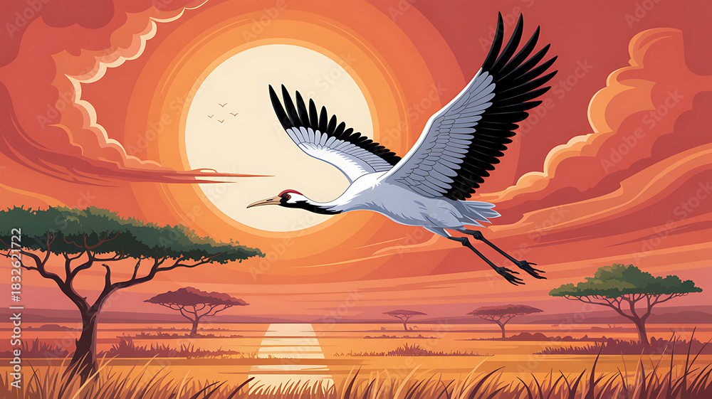 Fototapeta premium Majestic crane soars across a vibrant african savannah sunset with acacia trees