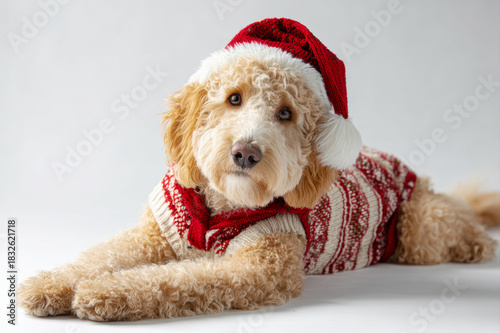 Cute brown curly kawapoo or goldendoodle dog in Christmas clothes on isolated background