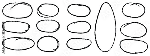 Hand drawn red pen highlight round oval frame set. Handwritten red marker, pencil scribble stroke line oval frame. Brush round frame highlight. Grunge scratch style set. doodle ellipses. Scribble oval