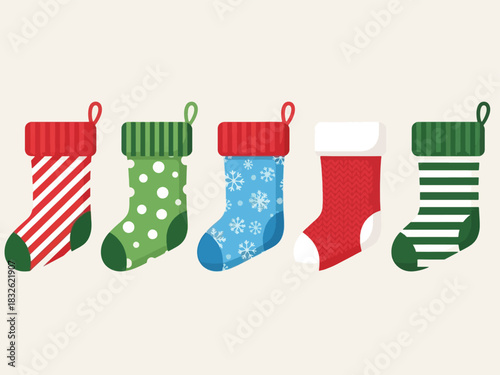 Five Christmas stockings with different patterns, colors, and designs hanging in a row.
