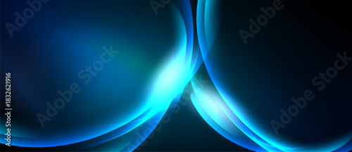 Abstract blue shapes overlap, creating luminous effect. Dark background emphasizes flowing curves, modern design.