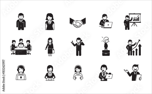 Business People Icons Set Featuring Office Work Teamwork Communication Customer Support and Leadership in Modern Minimal Style