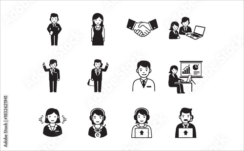 Business People Icons Set Featuring Office Work Teamwork Communication Customer Support and Leadership in Modern Minimal Style
