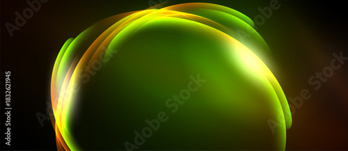 Abstract glowing orb, vibrant green hues dominate. Yellow highlights create luminous effect against dark background. Smooth curves suggest energy flow.
