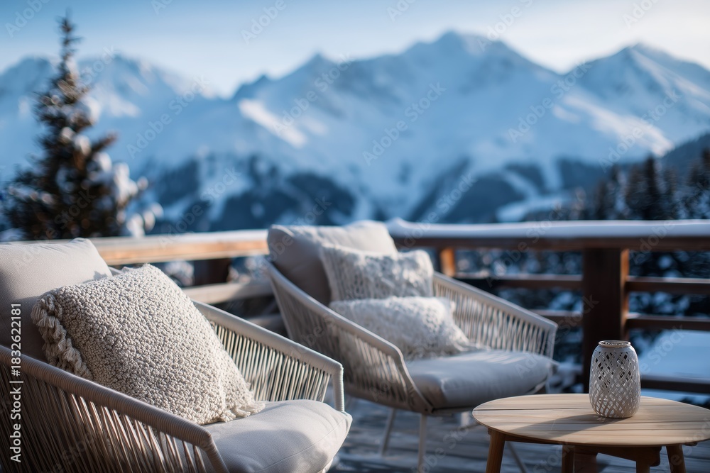 Naklejka premium Comfortable chairs and lantern on a winter balcony overlooking scenic snowy mountains, offering a tranquil retreat.