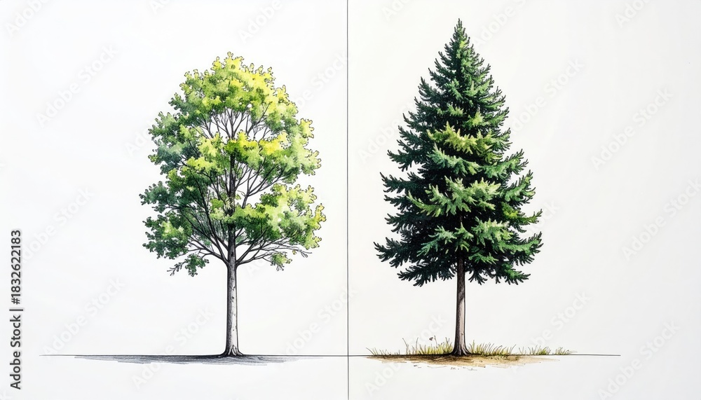 Fototapeta premium Illustration of a deciduous tree and an evergreen conifer side by side on white background.