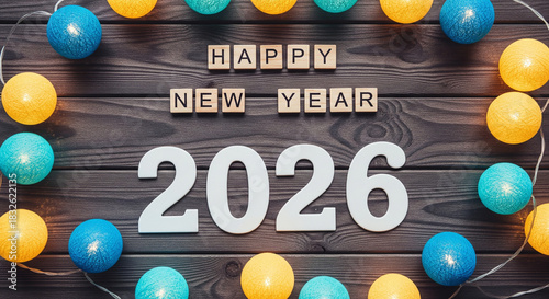 Happy New Year 2026 with festive lights on wood