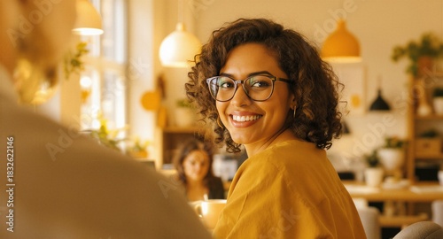 Smiling woman with glasses looking over shoulder in a brightly lit office environment