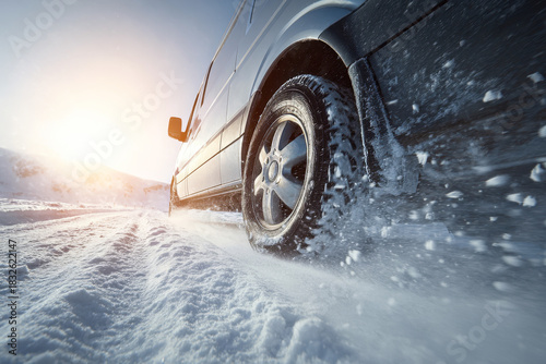 A studded car tire in close-up on a snowy road, snow flying from under the wheel